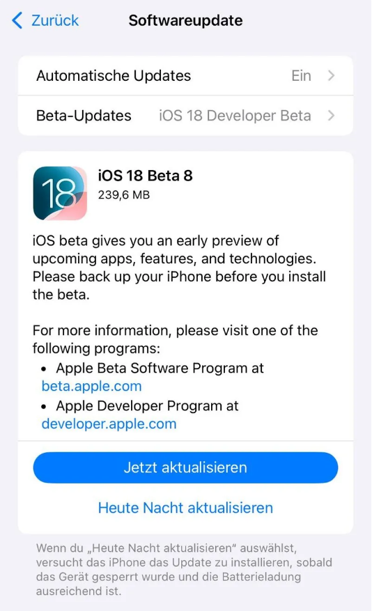 崇礼苹果手机维修分享苹果 iOS / iPadOS 18 开发者预览版 Beta 8 发布 